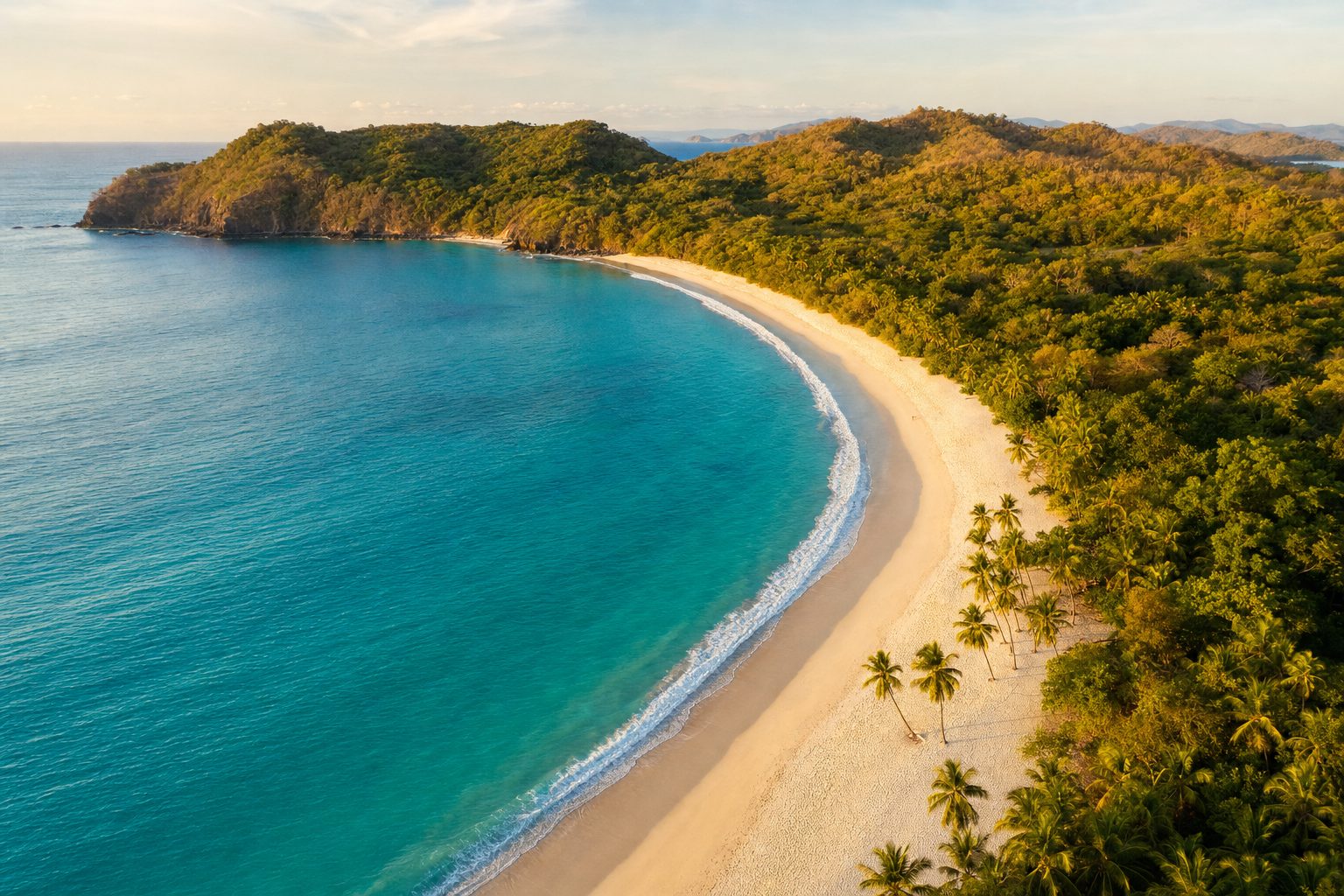Aerial view of a curving white sand beach with turquoise water and dry tropical forest on the Guanacaste coast